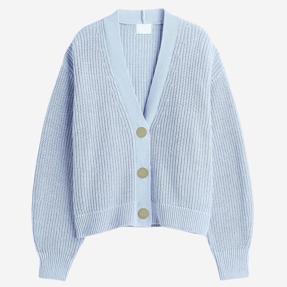 H&M Light Blue Gold Button-Up Long Sleeve Chunky Knit Cardigan SMALL